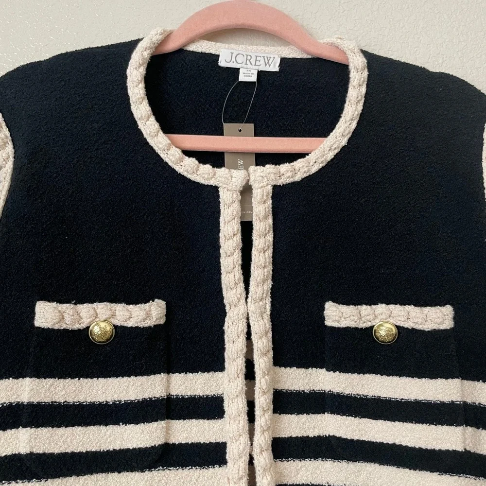 J. Crew Sweater Womens 2X Navy Cream‎ Odette Lady Jacket Striped Boucle Preppy